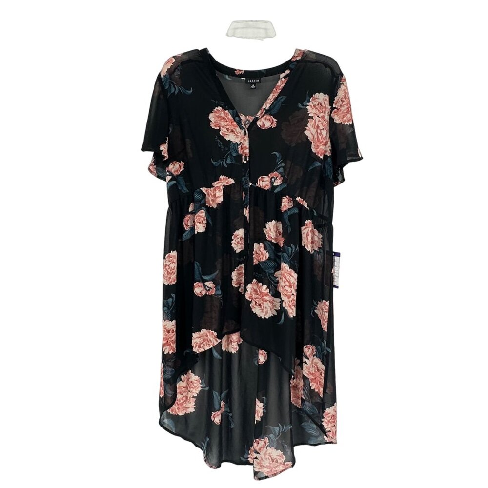 Torrid 0 Short Sleeve Button Up Sheer Tunic Top Black Floral High Low Hem Vneck